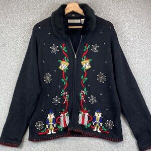 Vtg Victoria Jones Christmas cardigan M zipper beading & embroidery festive